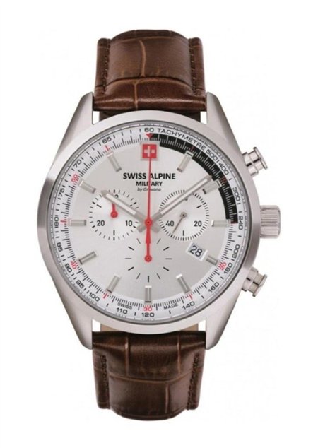 Swiss Alpine Military Pegasus Chronograph Leather Strap Silver Dial Quartz 7086.9532 100M Men's Watch