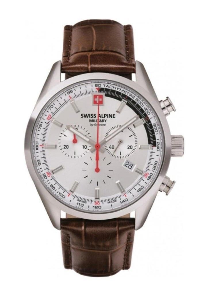 Swiss Alpine Military Pegasus Chronograph Leather Strap Silver Dial Quartz 7086.9532 100M Men's Watch