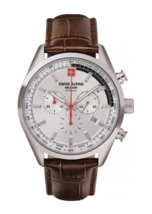 Swiss Alpine Military Pegasus Chronograph Leather Strap Silver Dial Quartz 7086.9532 100M Men's Watch