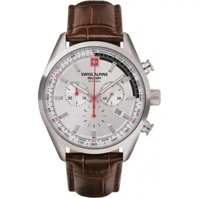 Swiss Alpine Military Pegasus Chronograph Leather Strap Silver Dial Quartz 7086.9532 100M Men's Watch