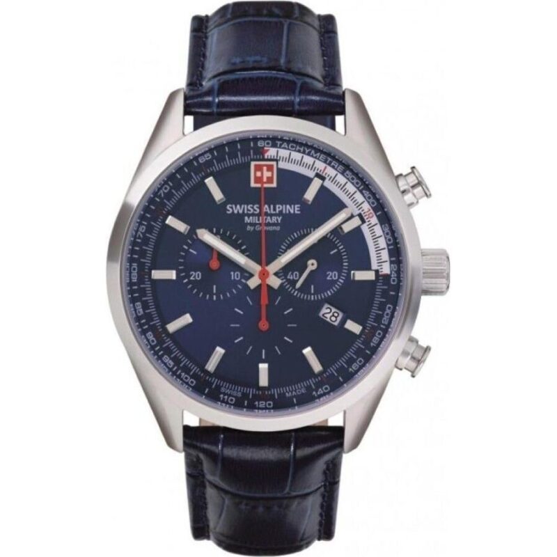 Swiss Alpine Military Pegasus Chronograph Leather Strap Blue Dial Quartz 7086.9535 100M Men's Watch