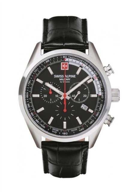 Swiss Alpine Military Pegasus Chronograph Leather Strap Black Dial Quartz 7086.9537 100M Men's Watch