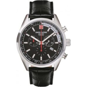 Swiss Alpine Military Pegasus Chronograph Leather Strap Black Dial Quartz 7086.9537 100M Men's Watch