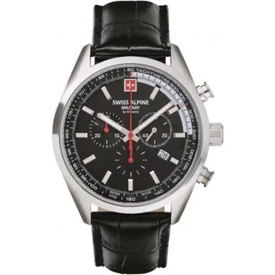 Swiss Alpine Military Pegasus Chronograph Leather Strap Black Dial Quartz 7086.9537 100M Men's Watch