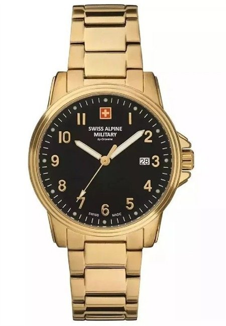 Swiss Alpine Military Leader Ladies Gold Tone Stainless Steel Black Dial Quartz 7711.1117 100M Women's Watch