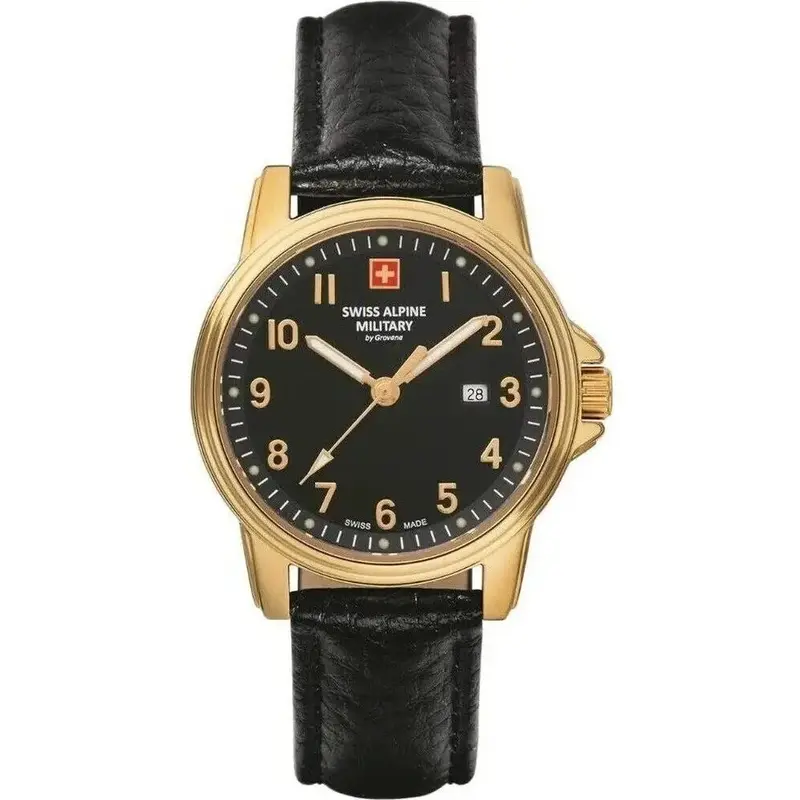 Swiss Alpine Military Leader Ladies Leather Strap Black Dial Quartz 7711.1517 100M Women's Watch