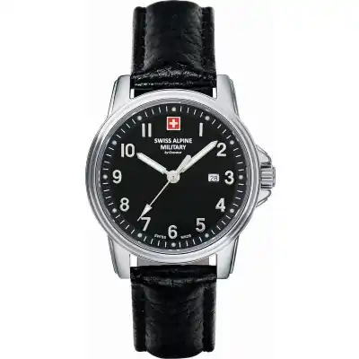 Swiss Alpine Military Leader Ladies Leather Strap Black Dial Quartz 7711.1537 100M Women's Watch