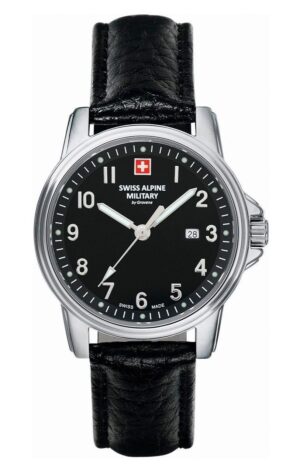 Swiss Alpine Military Leader Ladies Leather Strap Black Dial Quartz 7711.1537 100M Women's Watch