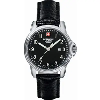 Swiss Alpine Military Leader Ladies Leather Strap Black Dial Quartz 7711.1537 100M Women's Watch