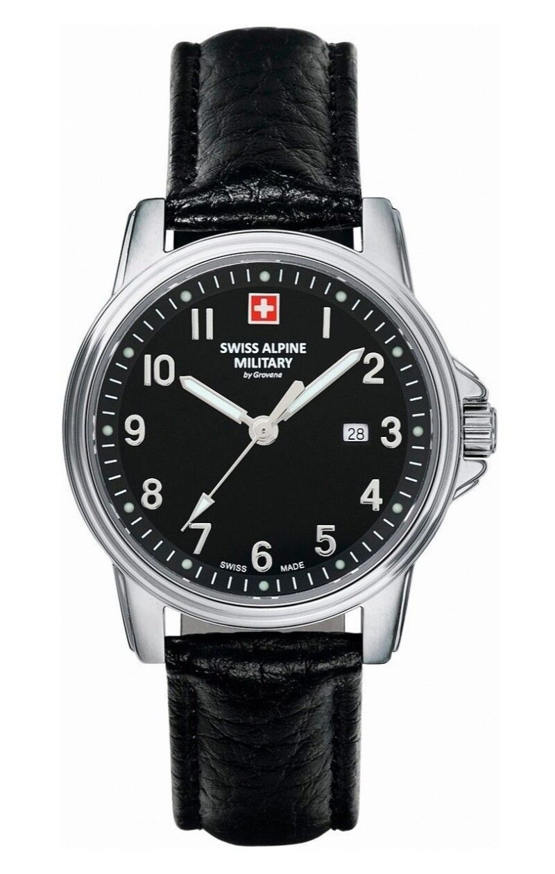 Swiss Alpine Military Leader Ladies Leather Strap Black Dial Quartz 7711.1537 100M Women's Watch