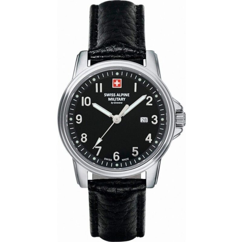 Swiss Alpine Military Leader Ladies Leather Strap Black Dial Quartz 7711.1537 100M Women's Watch