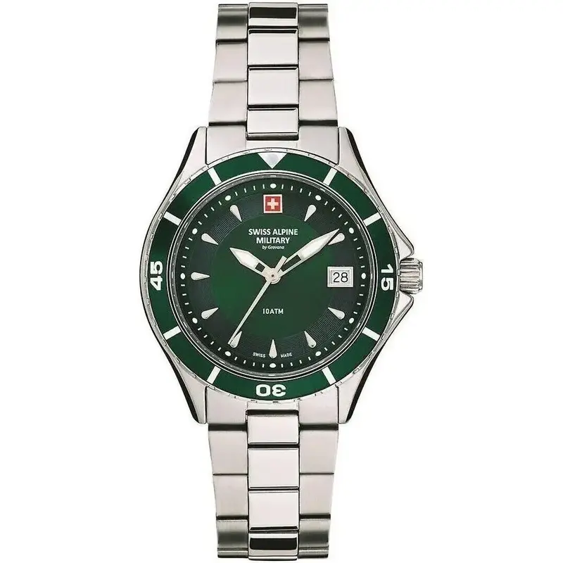 Swiss Alpine Military Aquatech Ladies Stainless Steel Green Dial Quartz 7740.1134 100M Women's Watch