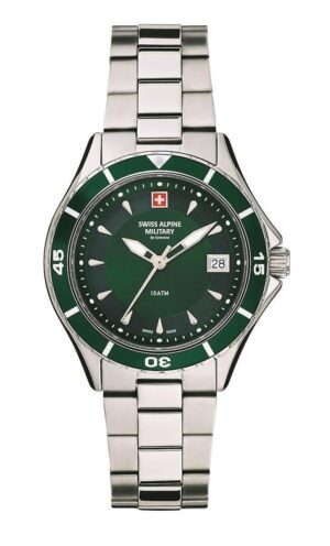 Swiss Alpine Military Aquatech Ladies Stainless Steel Green Dial Quartz 7740.1134 100M Women's Watch