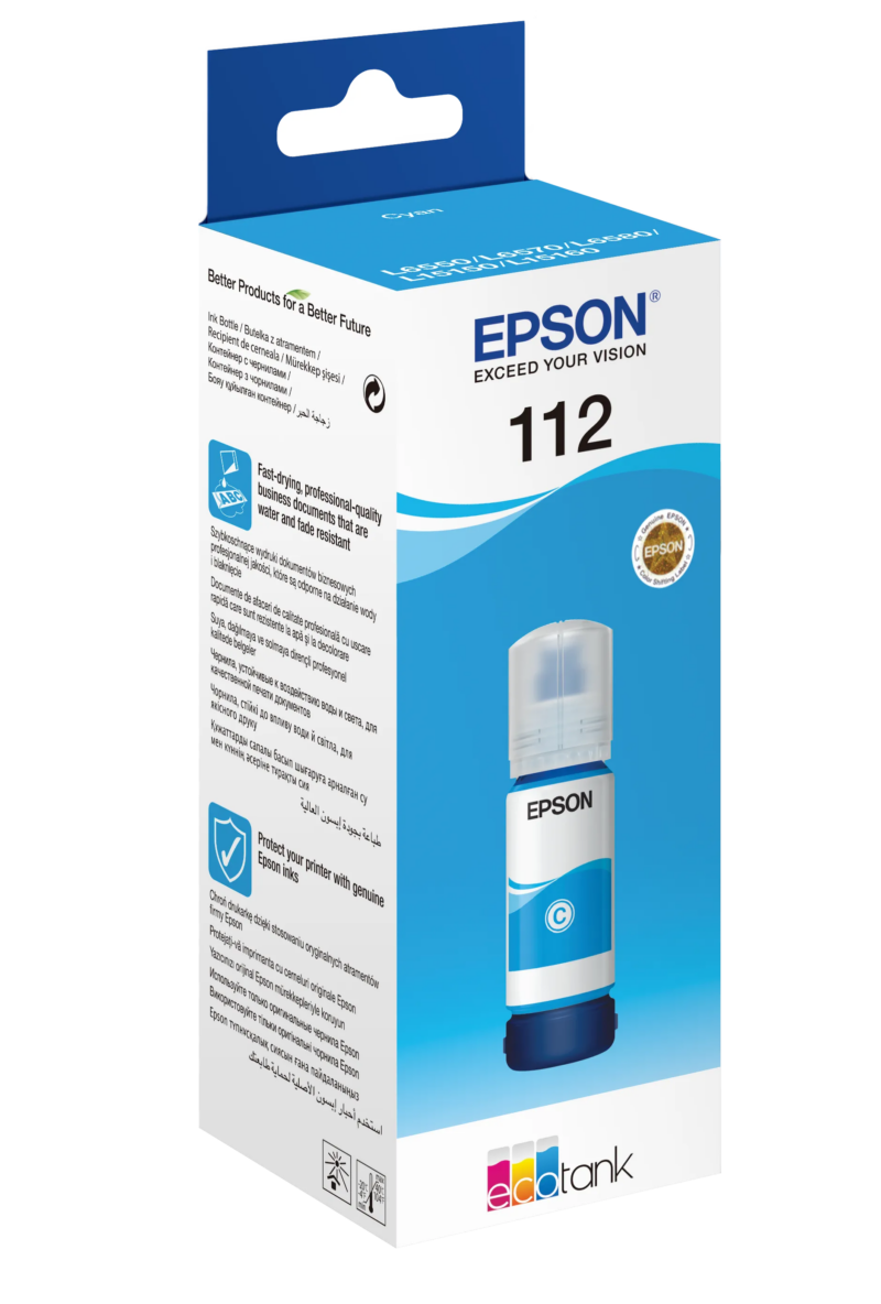 Epson 112 EcoTank Pigment Cyan ink bottle (70 ml). 6000 pages @ 5% coverage