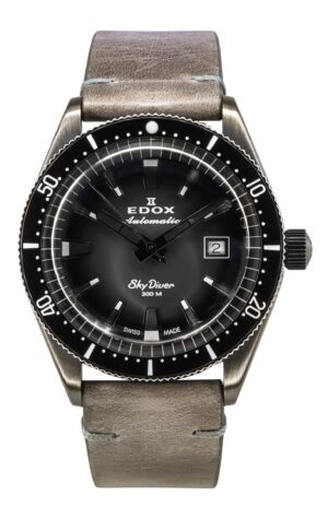Edox Skydiver Limited Edition Leather Strap Grey Dial Automatic Diver's 80126 3VIN GDN 300M Men's Watch