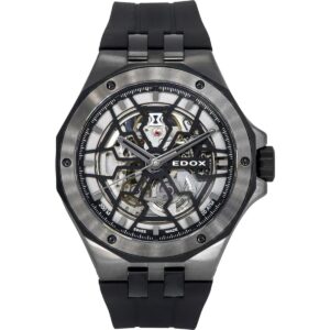 Edox Delfin The Original Mecano Rubber Strap Skeleton Black Dial Automatic Diver's 85303 357GN NGN 200M Men's Watch
