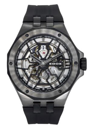 Edox Delfin The Original Mecano Rubber Strap Skeleton Black Dial Automatic Diver's 85303 357GN NGN 200M Men's Watch