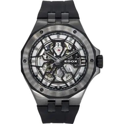 Edox Delfin The Original Mecano Rubber Strap Skeleton Black Dial Automatic Diver's 85303 357GN NGN 200M Men's Watch