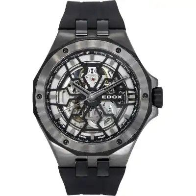 Edox Delfin The Original Mecano Rubber Strap Skeleton Black Dial Automatic Diver's 85303 357GN NGN 200M Men's Watch