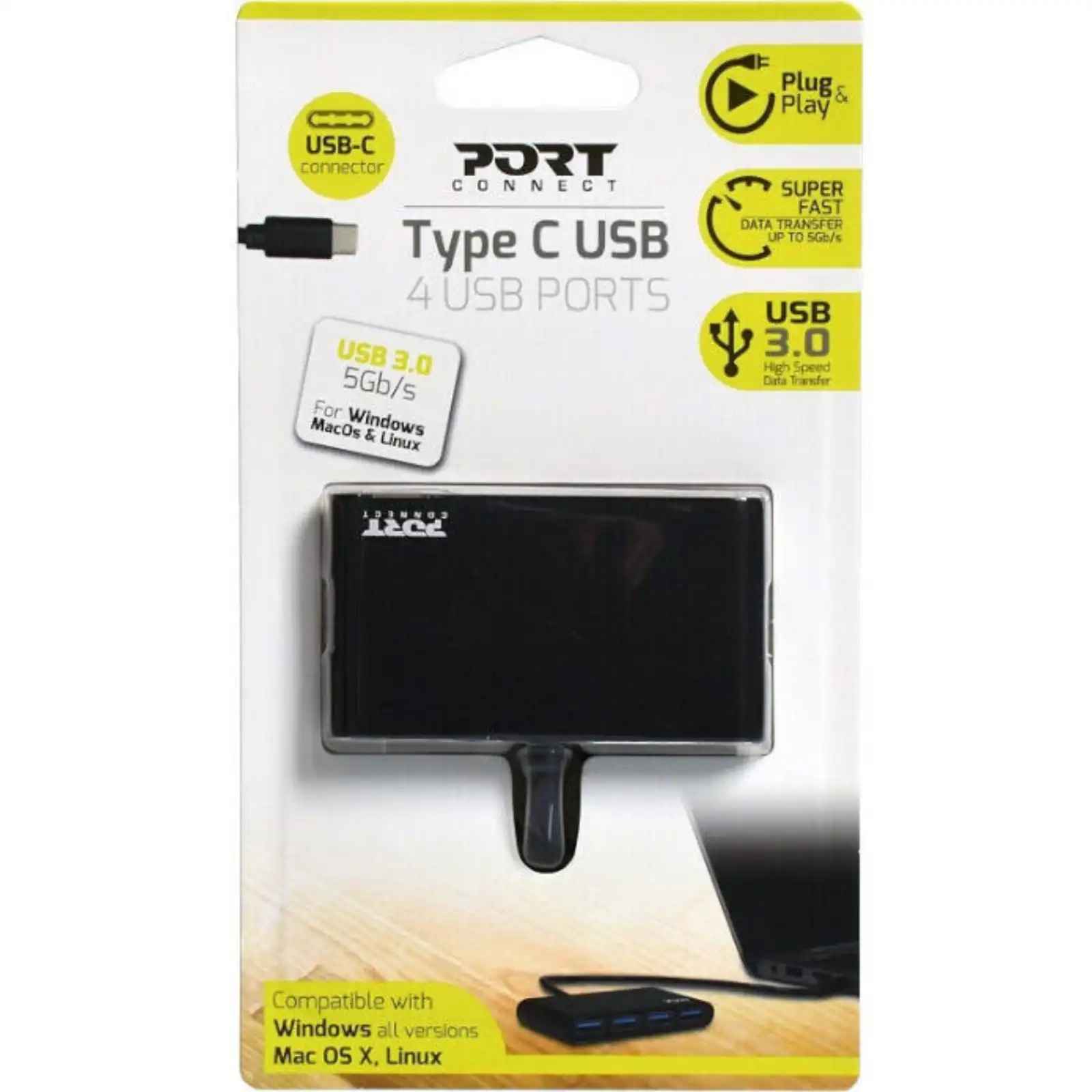 900123_wr_01a Port USB Type-C to 4 x USB3.0 5Gbps 30cm 4 Port Hub - Black