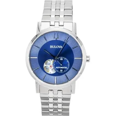 Bulova American Clipper Stainless Steel Open Heart Blue Dial Automatic 96A247 Men's Watch