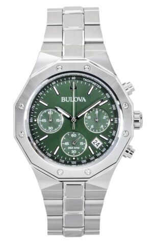 Bulova Octagon Prestige Chronograph Stainless Steel Green Dial Quartz 96B409 100M Men's Watch