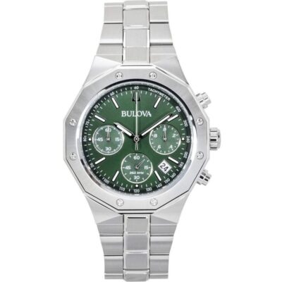 Bulova Octagon Prestige Chronograph Stainless Steel Green Dial Quartz 96B409 100M Men's Watch