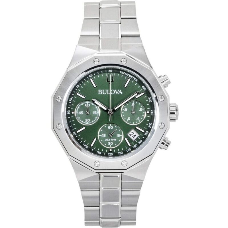 Bulova Octagon Prestige Chronograph Stainless Steel Green Dial Quartz 96B409 100M Men's Watch
