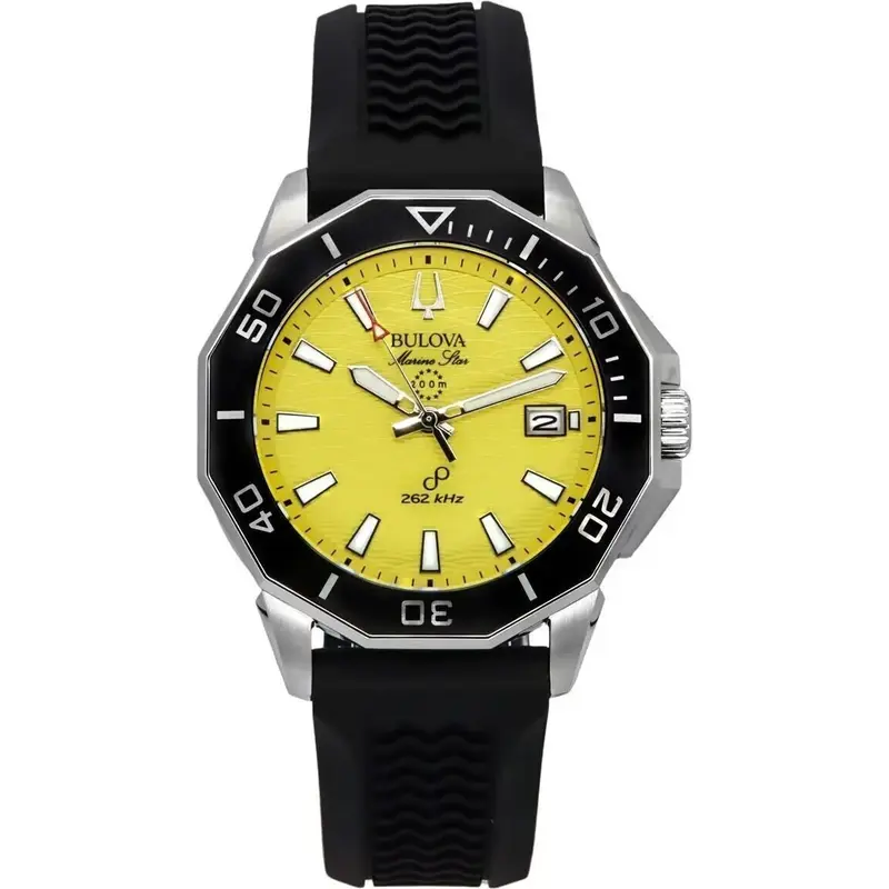 Bulova Marine Star Black Silicone Strap Yellow Dial Precisionist Quartz Diver's 200M 96B431 Men's Watch
