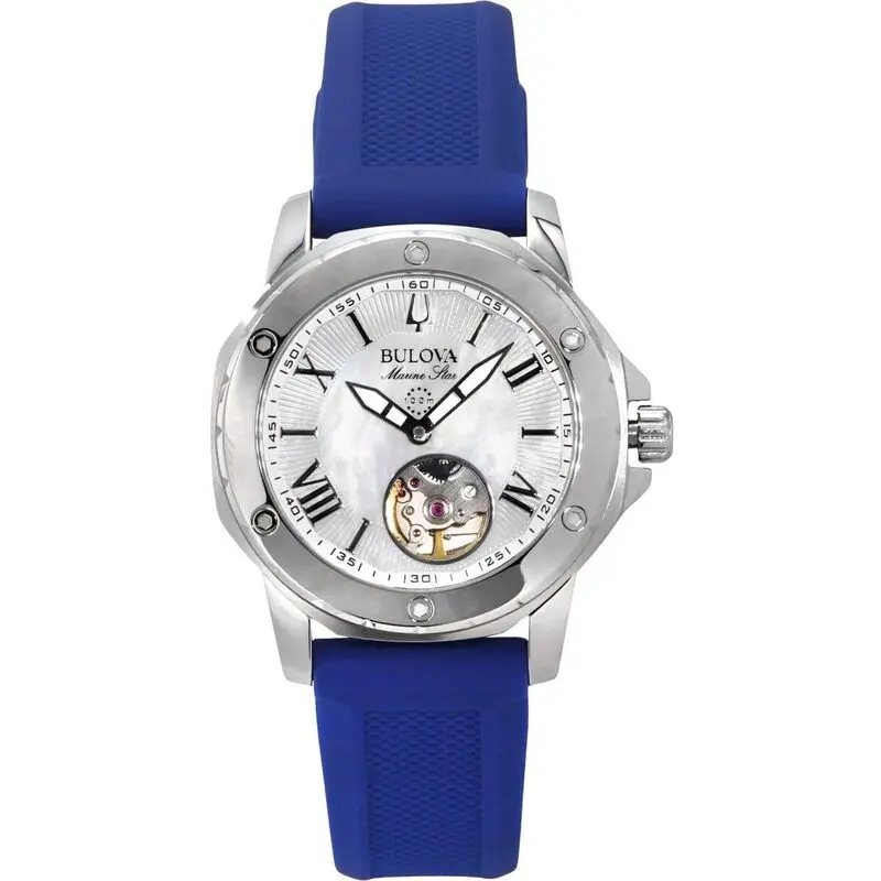 Bulova Marine Star Silicone Strap Mother Of Pearl Dial Automatic 96L324 100M Women's Watch
