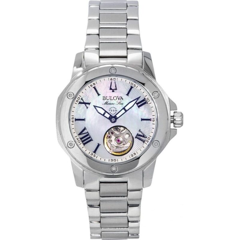 Bulova Marine Star Stainless Steel Mother Of Pearl Dial Automatic 96L326 100M Women's Watch