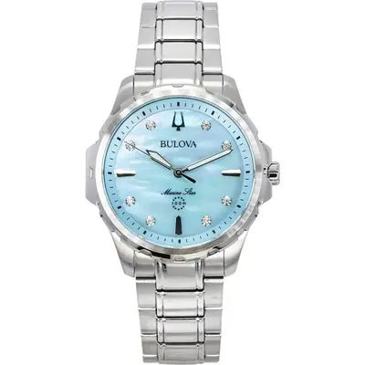 Bulova Marine Star Diamond Accents Stainless Steel Blue Mother Of Pearl Dial Quartz 96P248 100 Women's Watch