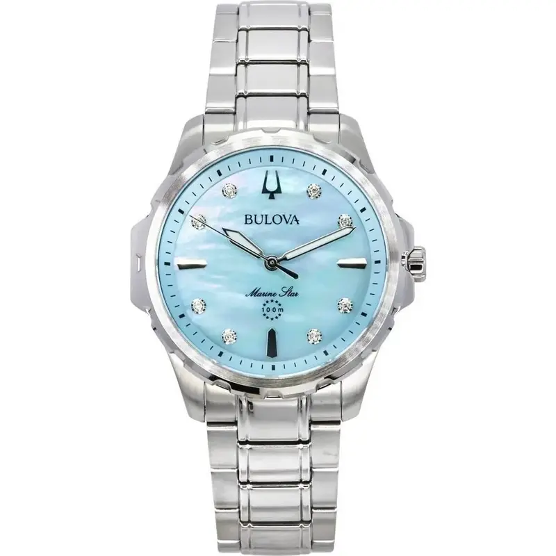 Bulova Marine Star Diamond Accents Stainless Steel Blue Mother Of Pearl Dial Quartz 96P248 100 Women's Watch
