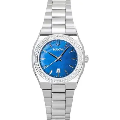 Bulova Surveyor Stainless Steel Diamond Accents Blue Mother Of Pearl Dial Quartz 96R246 Women's Watch