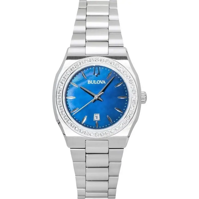 Bulova Surveyor Stainless Steel Diamond Accents Blue Mother Of Pearl Dial Quartz 96R246 Women's Watch