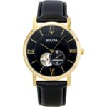 Bulova American Clipper Leather Strap Open Heart Black Dial Automatic 97A154 Men's Watch