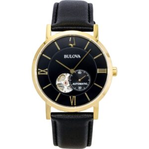 Bulova American Clipper Leather Strap Open Heart Black Dial Automatic 97A154 Men's Watch