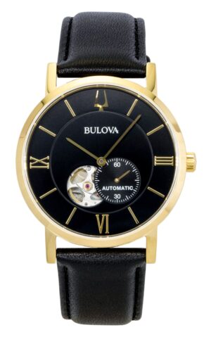 Bulova American Clipper Leather Strap Open Heart Black Dial Automatic 97A154 Men's Watch