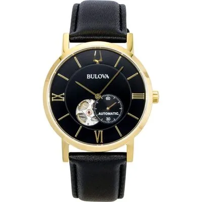 Bulova American Clipper Leather Strap Open Heart Black Dial Automatic 97A154 Men's Watch