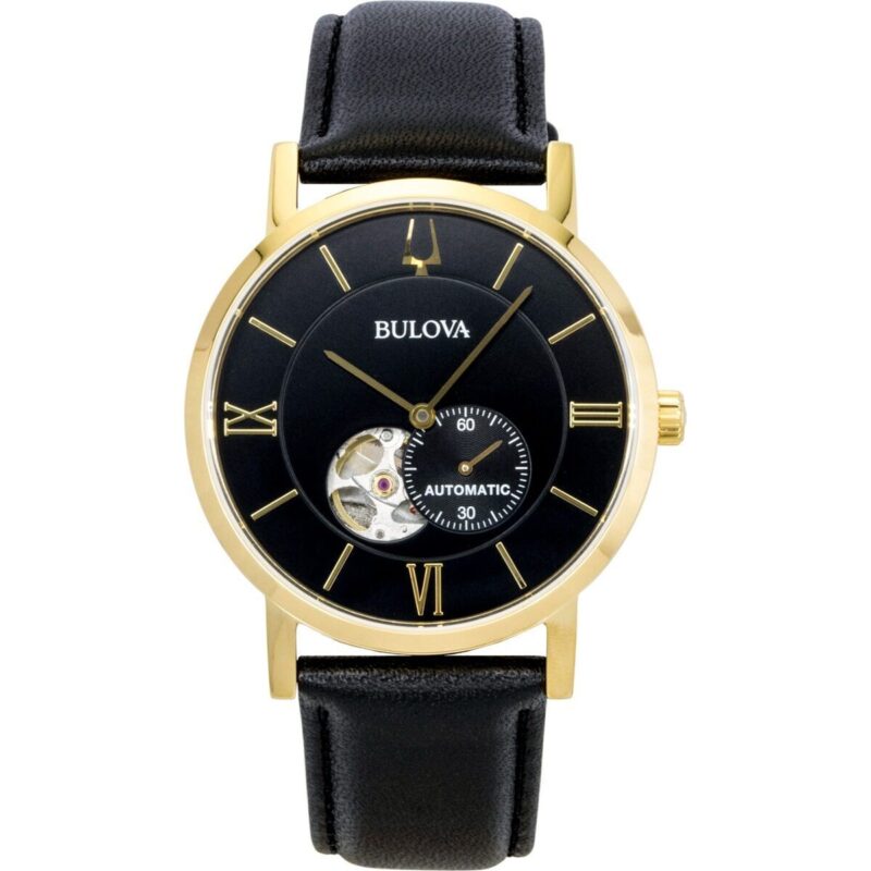 Bulova American Clipper Leather Strap Open Heart Black Dial Automatic 97A154 Men's Watch