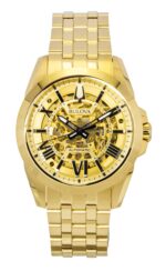 Bulova Sutton Gold Tone Stainless Steel Gold Skeleton Dial Automatic 97A162 Men's Watch