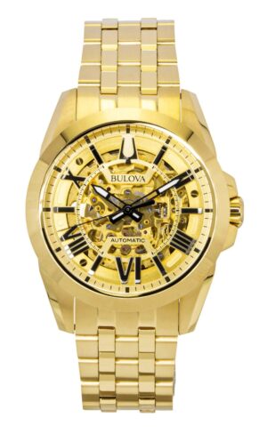 Bulova Sutton Gold Tone Stainless Steel Gold Skeleton Dial Automatic 97A162 Men's Watch