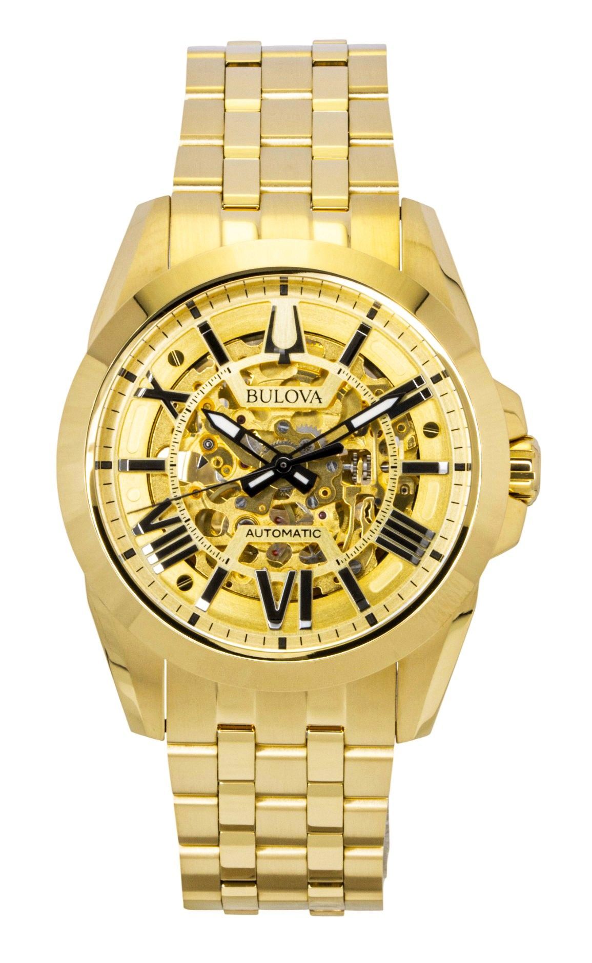 Bulova Sutton Gold Tone Stainless Steel Gold Skeleton Dial Automatic 97A162 Men's Watch