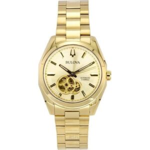 Bulova Surveyor Gold Tone Stainless Steel Open Heart Champagne Dial Automatic 97A182 Men's Watch