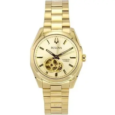 Bulova Surveyor Gold Tone Stainless Steel Open Heart Champagne Dial Automatic 97A182 Men's Watch