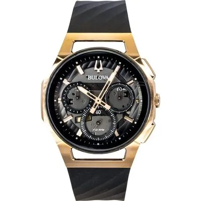 Bulova Curv Chronograph Rubber Strap Black Dial Quartz 98A185 Men's Watch