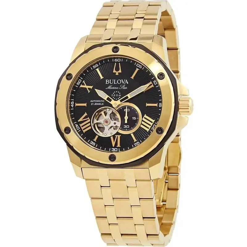 Bulova Marine Star Open Heart Black Dial Automatic Diver's 98A273 200M Men's Watch
