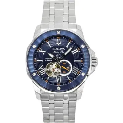 Bulova Marine Star Stainless Steel Open Heart Blue Dial Automatic 21 Jewels 98A302 200M Men's Watch