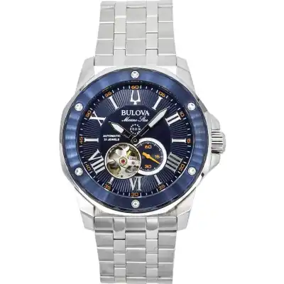 Bulova Marine Star Stainless Steel Open Heart Blue Dial Automatic 21 Jewels 98A302 200M Men's Watch