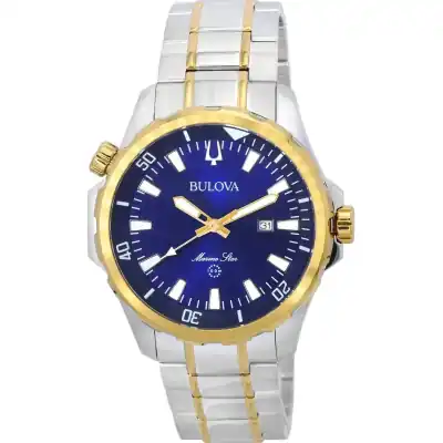 Bulova Marine Star Two Tone Bracelet Blue Dial Quartz 98B384 100M Men's Watch